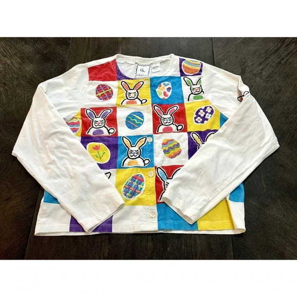 Vintage Michael Simon New York Easter Bunny Eggs Cardigan White Sweater Large L - Picture 10 of 13